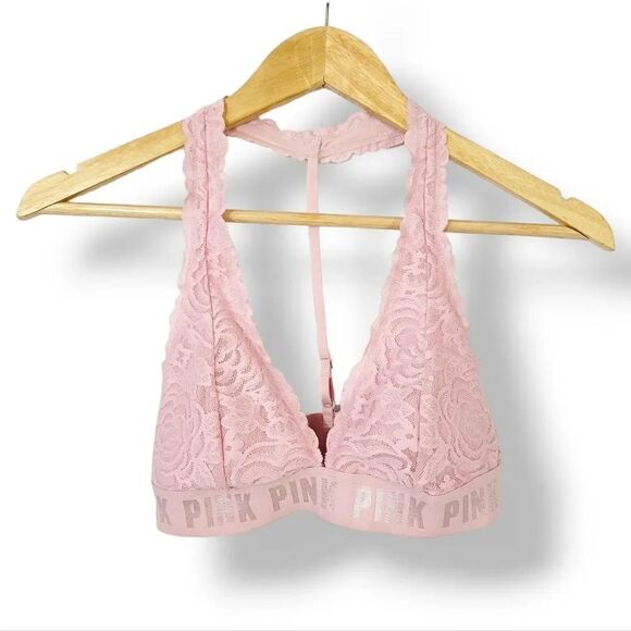 NEW Victoria's Secret Pink Lace T-Strap Logo Bralette in Pink Size Small - Picture 5 of 15